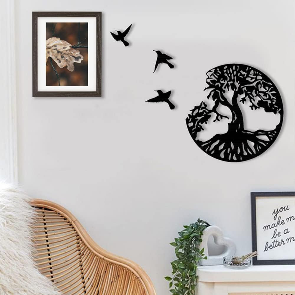 Black Metal Wall Art Tree Life Metal Wall Decor Wall Sculptures Tree Bird Shaped Wall Sign Black Hanging Ornaments for Bedroom Living Room Decoration(28Cm/11.02In)