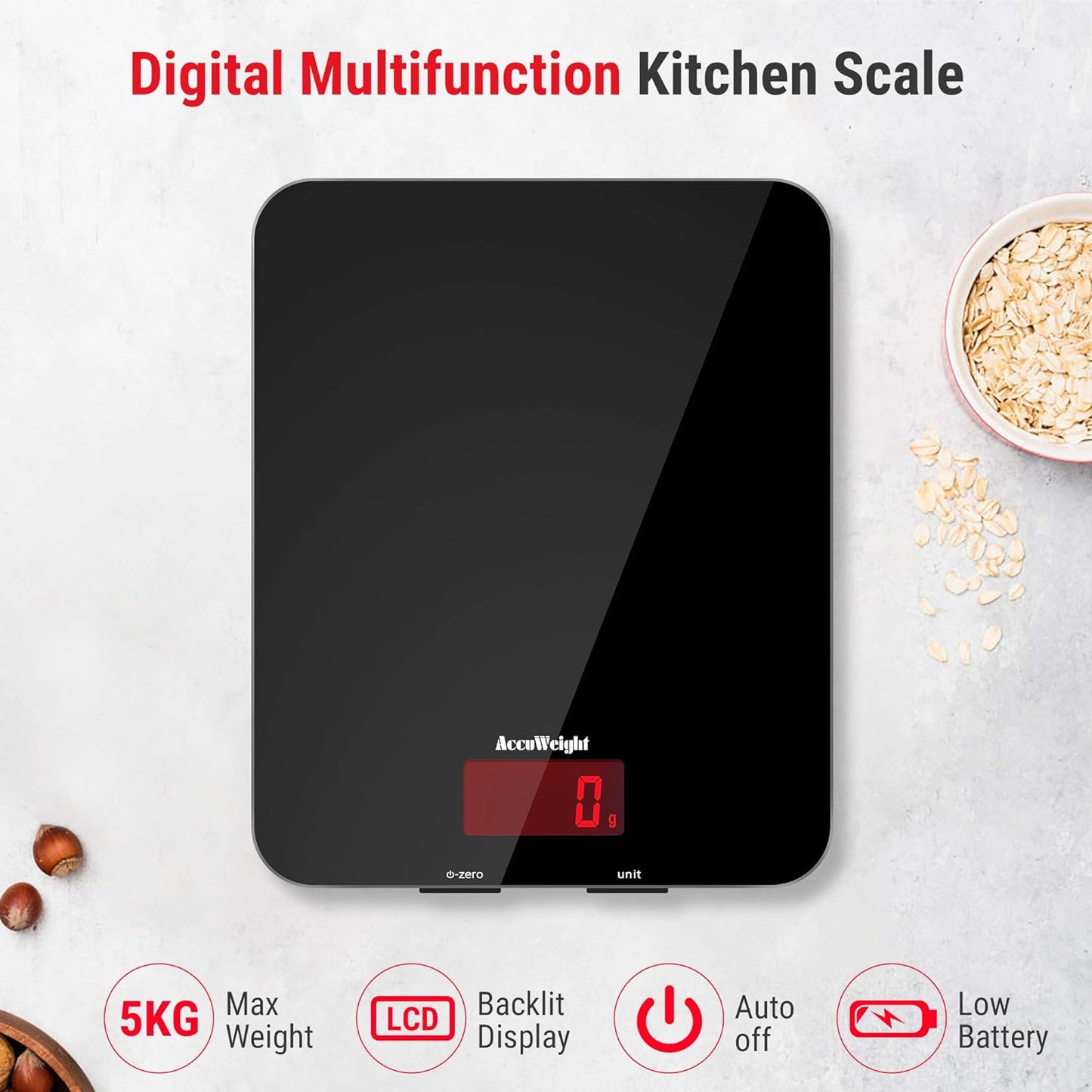 201 Digital Kitchen Scales with Tempered Glass Platform Electronic Weighing Food Scale with Backlit LCD Display Multifunctional, for Office School Home Baking Cooking, 5Kg/11Lb