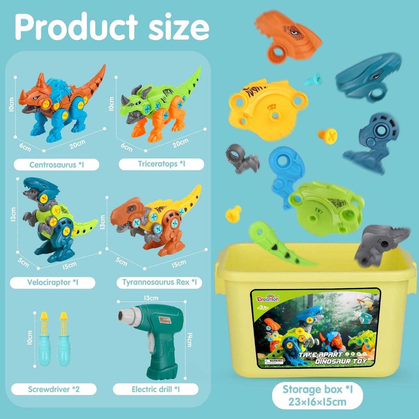 Take Apart Dinosaur Toys for Kids with Storage Box Electric Drill DIY Construction Build Set Educational STEM for Boys Girls