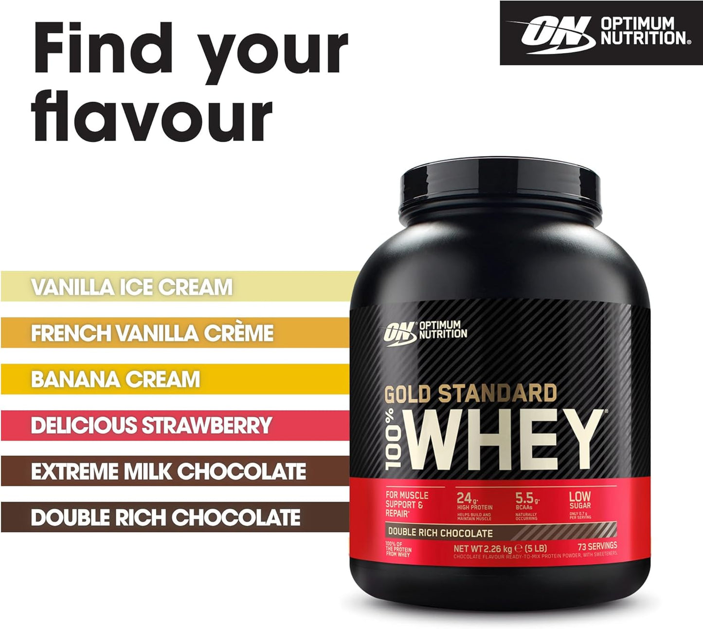 Gold Standard 100% Whey Muscle Building and Recovery Protein Powder with Naturally Occurring Glutamine and BCAA Amino Acids, Double Rich Chocolate Flavour, 73 Servings, 2.26 Kg