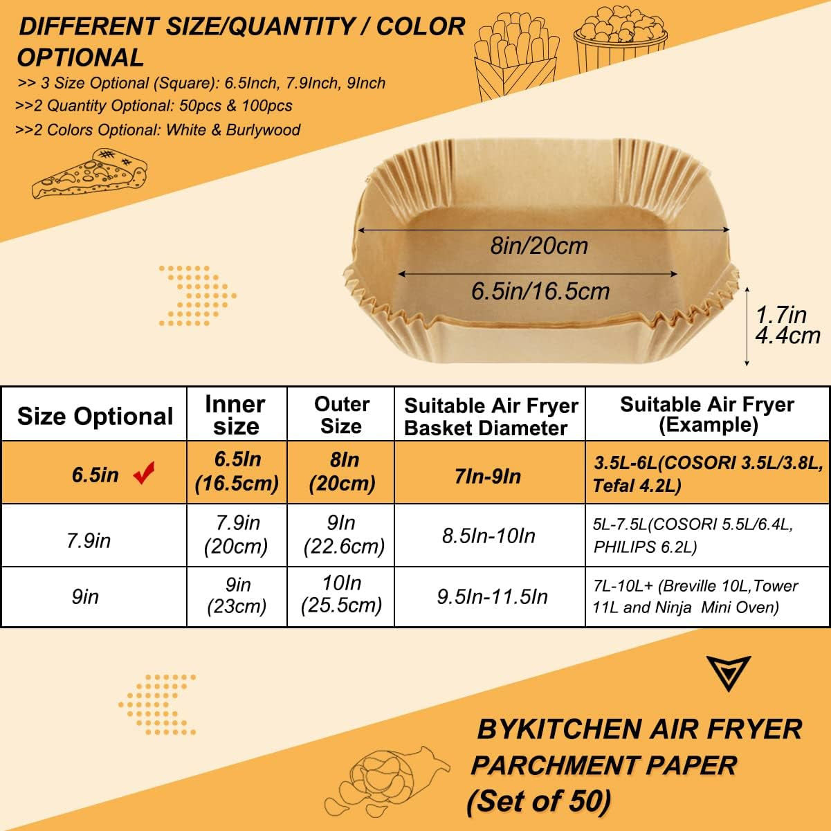 Air Fryer Parchment Paper Liner, 50PCS Square Liners Disposable, Greaseproof for Fryer, Compatible with COSORI, Ninja, Tower Cosori (Unbleached)