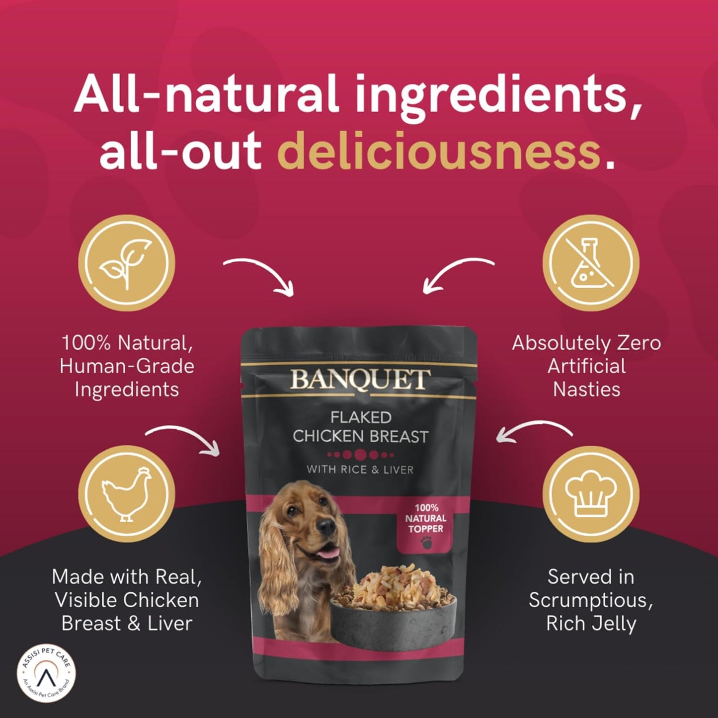 Banquet - Wet Dog Food - Flaked Chicken Breast, Rice, Liver - 100% Natural Ingredients, 15 Pouches X 100G