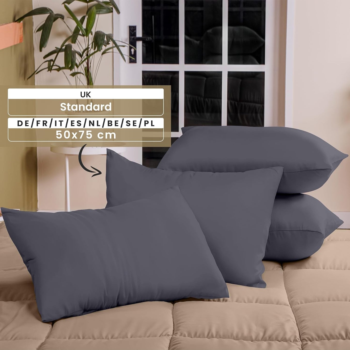 - Pillow Cases 4 Pack - Standard Size 50X75 Cm - 100% Brushed Microfiber Pillowcases with Envelope Closure - Wrinkle, Fade, Stain Resistant Pillow Cases - Grey