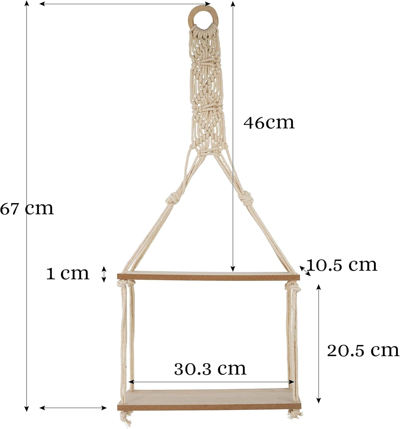 2 Tier Hanging Floating Macrame Rope Shelf Wooden Storage Kitchen Wall Boho Decor Gift (HANGING SHELF 30X10X72 Cm)