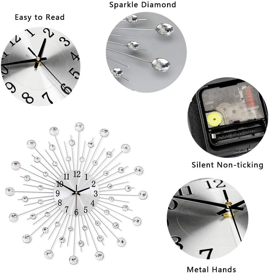 Silver Wall Clock Stylish Diamond Silent Non-Ticking Arabic Numeral Clock Very Large Wall Clocks for Living Room, Bedroom, Kitchen, Home Decor (50Cm/ 20Inch