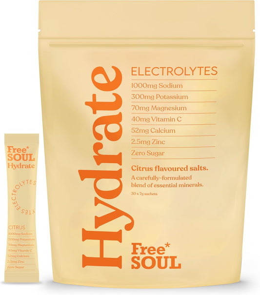 Hydrate | Electrolyte Sachets with Sodium, Magnesium, Vitamin C, & More | Zero Sugar, Advanced Powder for Enhanced Hydration & Recovery | Citrus Flavour | 30 Sachets