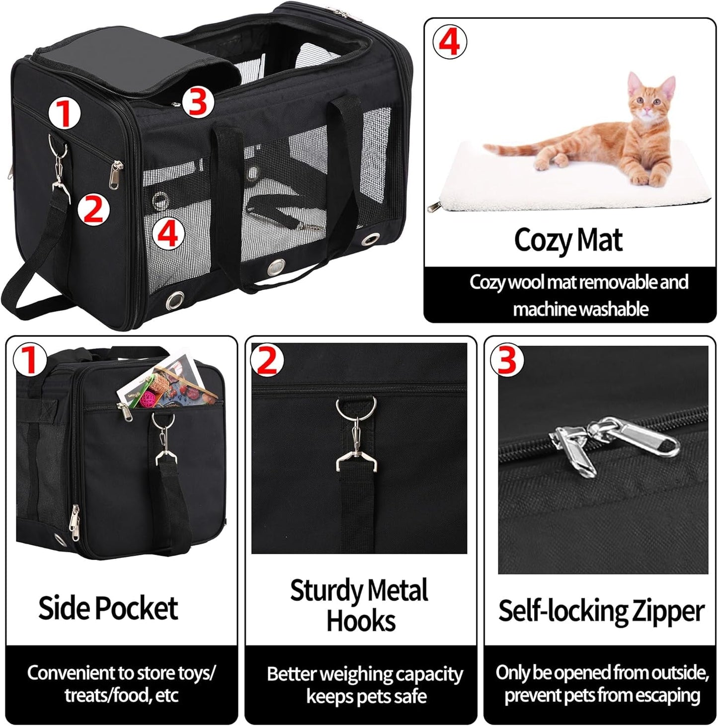 Soft Sided Foldable Cat/Dog/Pet Carrier Bag, Portable Puppy/Pets Travel Carriers for Cats/Dogs with Shoulder Strap & Removable Mat, Durable Cat Basket of 17 Lbs Airline Approved - Black, M