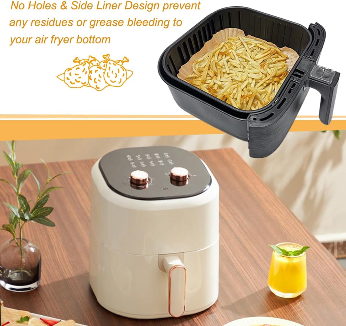 Air Fryer Parchment Paper Liner, 50PCS Square Liners Disposable, Greaseproof for Fryer, Compatible with COSORI, Ninja, Tower Cosori (Unbleached)