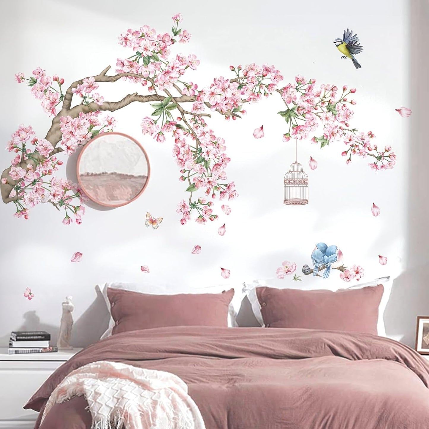 Cherry Blossom Tree Branch Wall Decals Pink Flower Birds Wall Stickers Bedroom Living Room Sofa TV Background Wall Decor