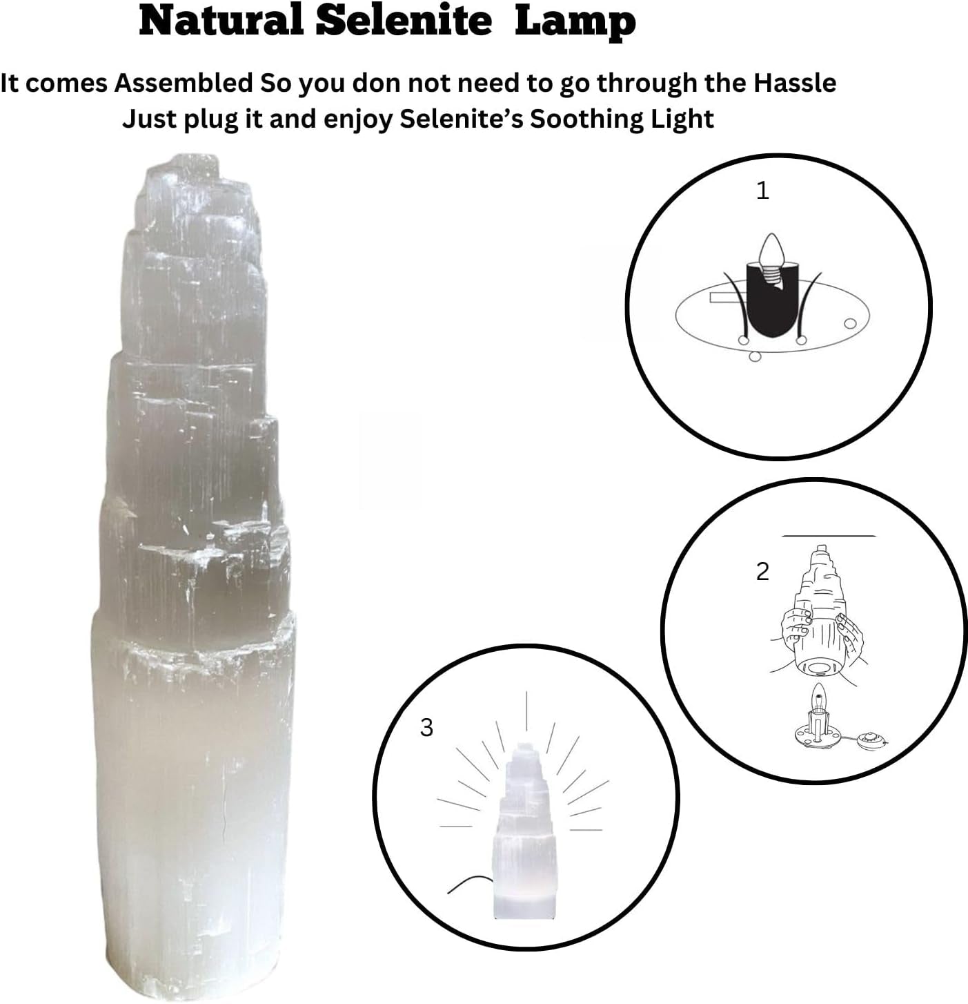 Pure Selenite Crystal Rock USB Mountain Tower LED Lamp Handcrafted Multi-Colour Wooden Base Meditation Healing Energy Mineral Gift Home Decoration Lamp (20Cm)