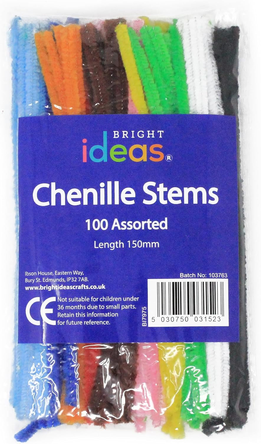 Pipe Cleaners – Chenille Stems PK100 Assorted 15Cm X 5Mm for Arts & Craft,10 Assorted Colours Black, White, Yellow, Green, Light Blue, Pink, Orange, Brown, Red, Dark Blue. BI7975.