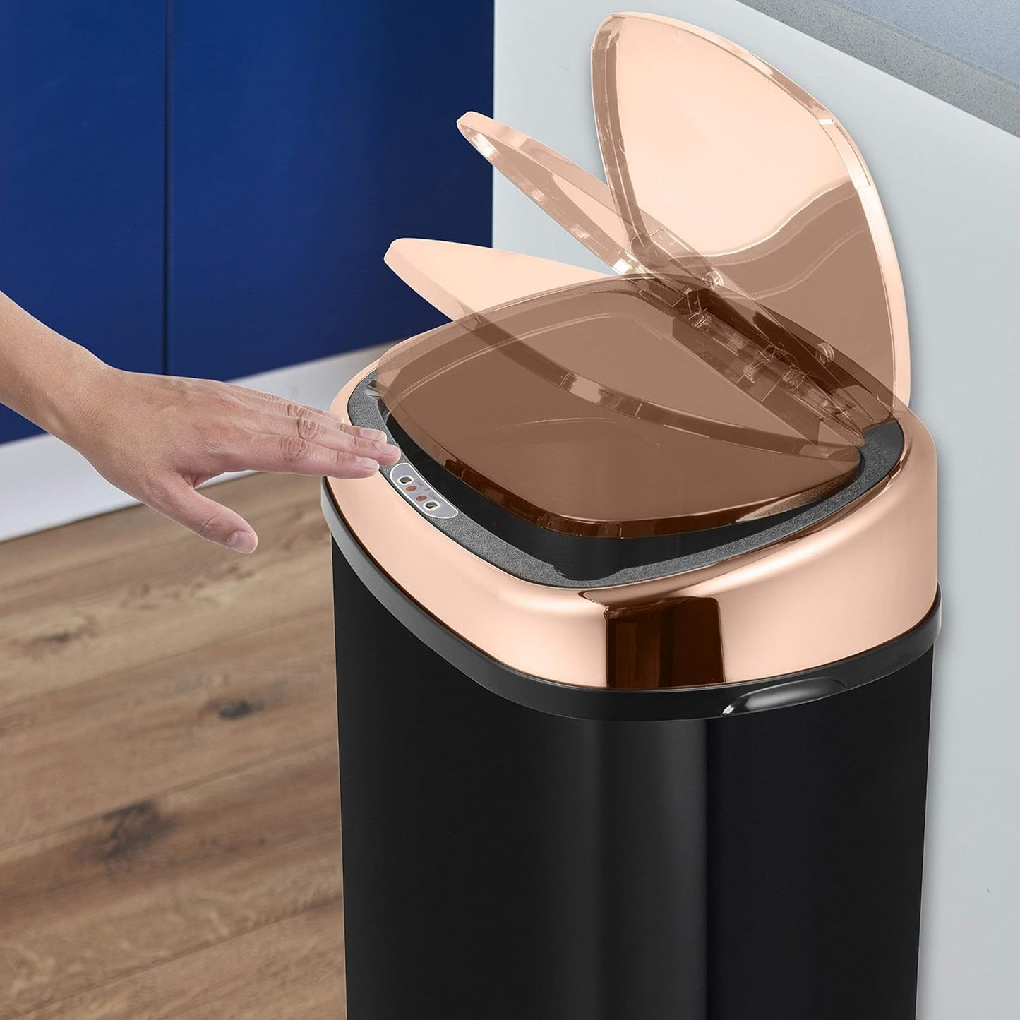 T80904RB Kitchen Bin with Sensor Lid, Automatic Soft-Close, Manual Override, 58 Litre, Black and Rose Gold