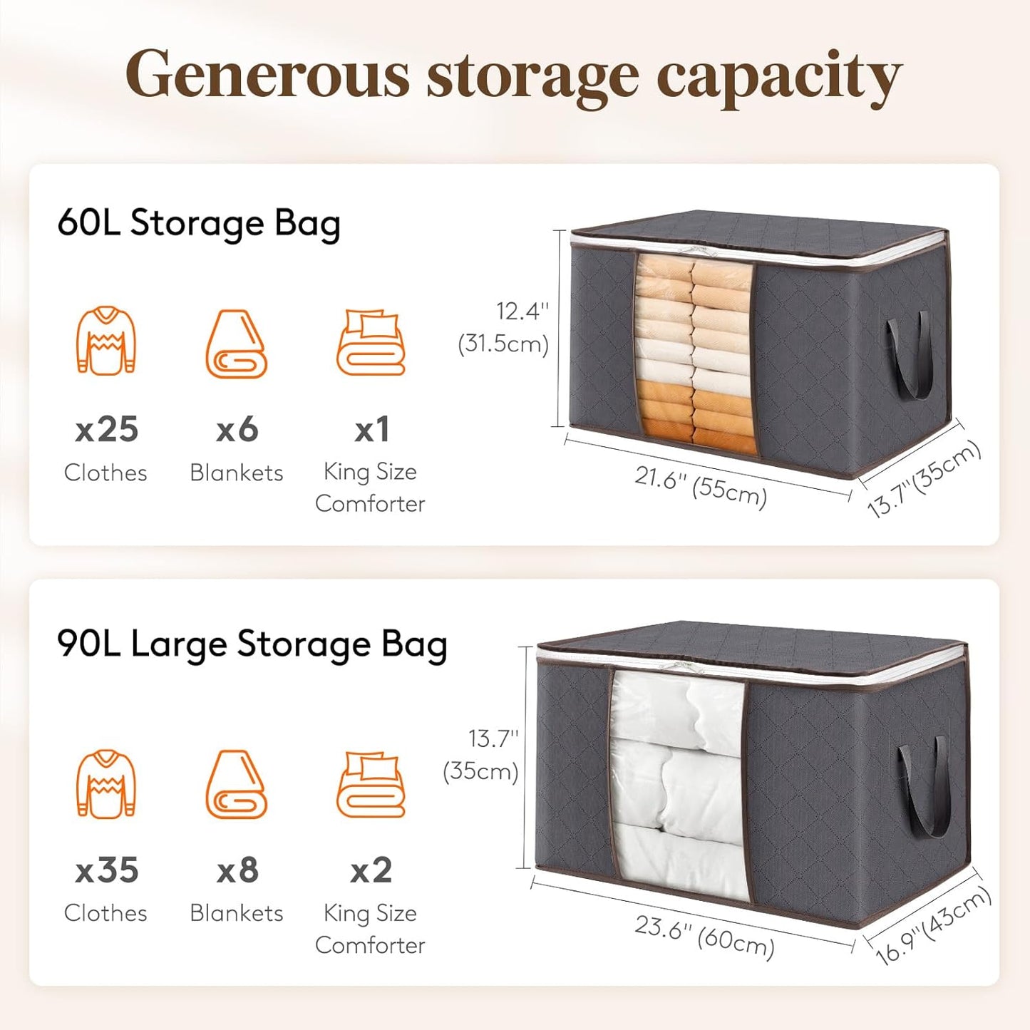 90L Clothes Storage Bags Large Storage Box with Lid Packing Boxes for Moving House with Reinforced Handle Thick Fabric Clear Window for Clothes Duvet Blankets Bedding, 3 Pack, Grey