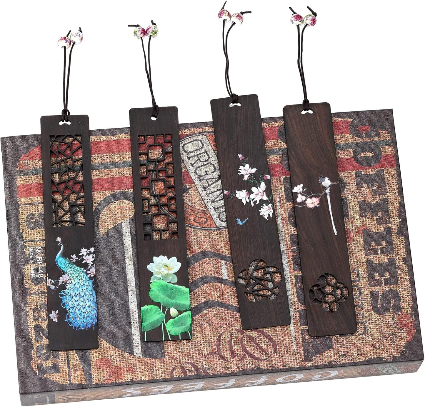 Wooden Bookmark for Men Women, Handmade Natural Wood Carving, Hollow Out and Painted Craft, Ideal Gifts for Men Women Friends Girls Teachers, Birthday Present (Peacock and Lotus)