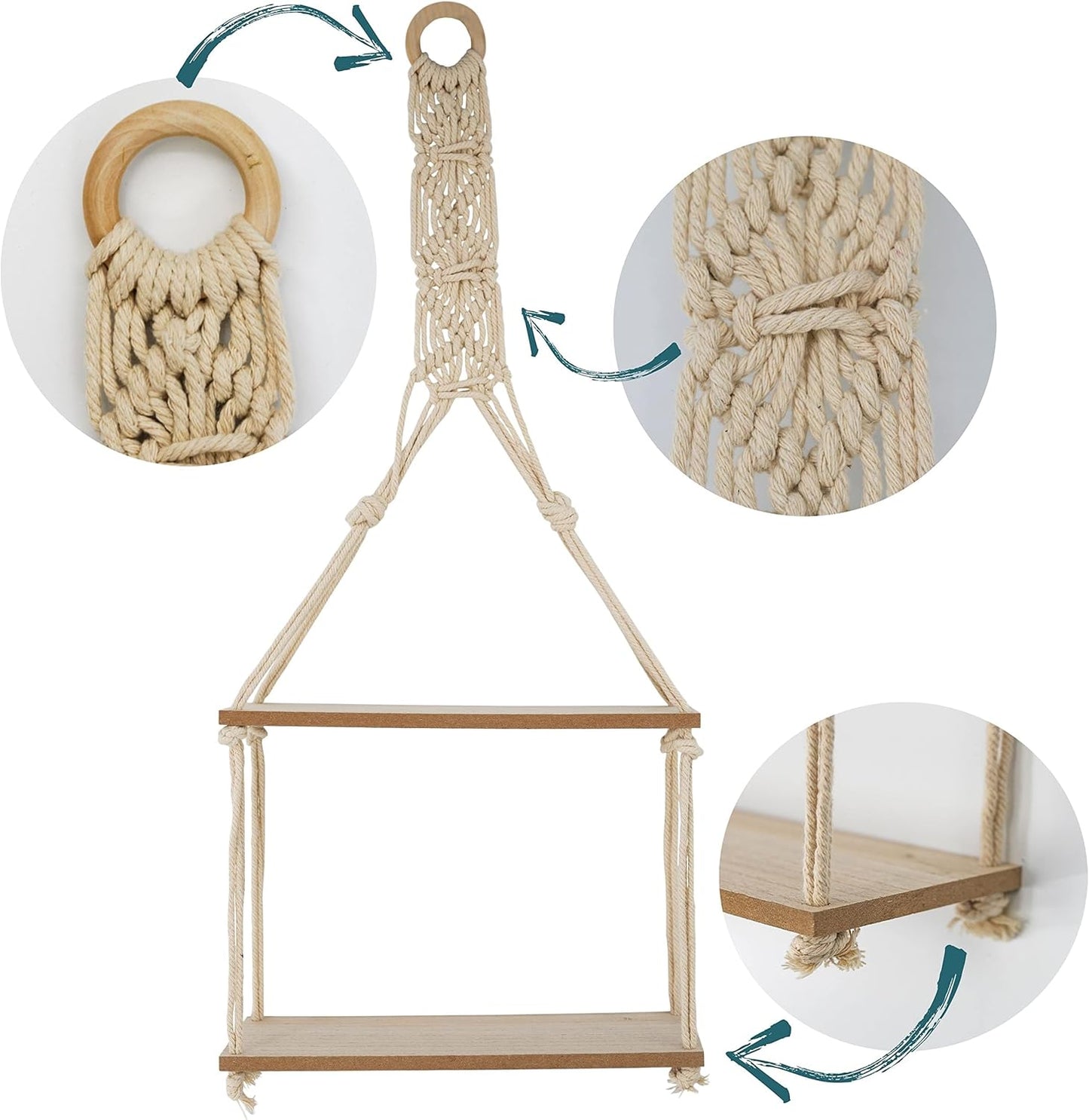 2 Tier Hanging Floating Macrame Rope Shelf Wooden Storage Kitchen Wall Boho Decor Gift (HANGING SHELF 30X10X72 Cm)