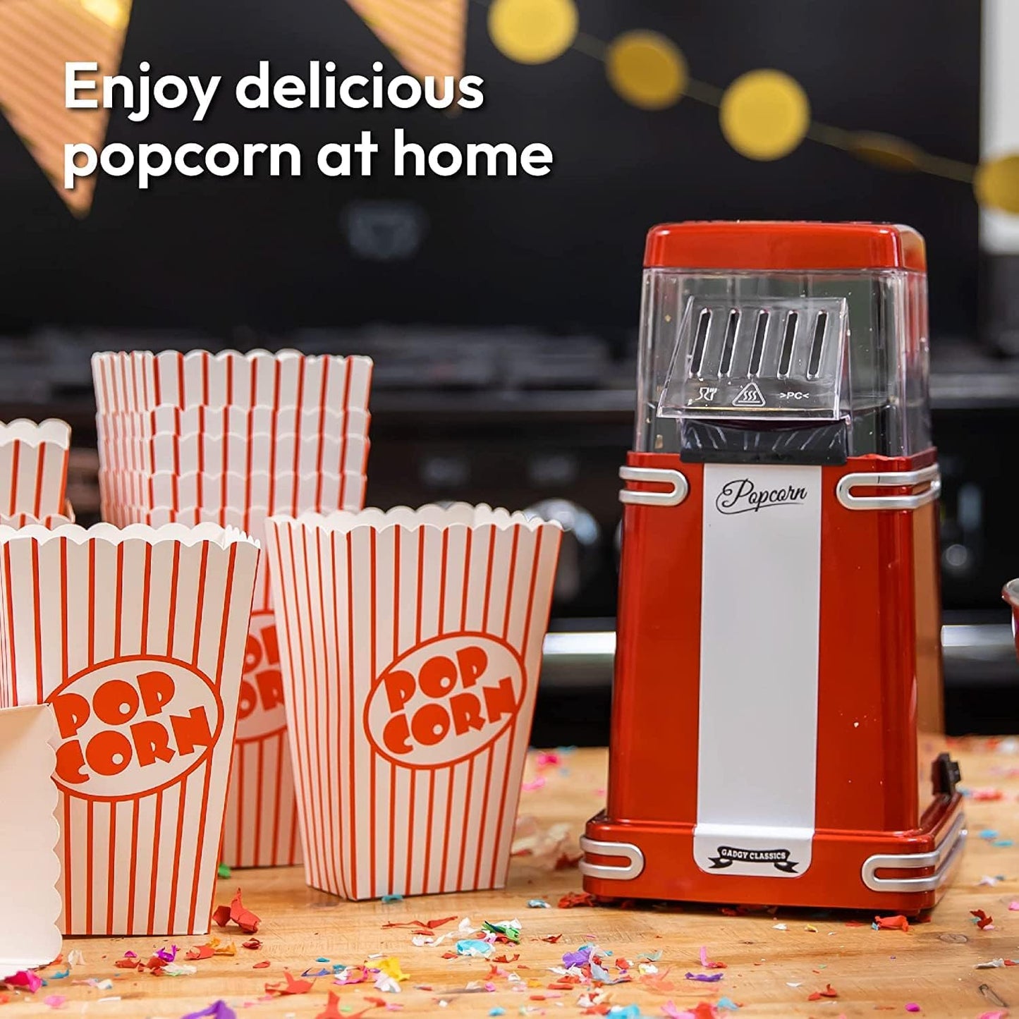 Popcorn Machine - Retro Popcorn Maker - Hot Air Popcorn Popper - Fat Free Oil Free Gourmet Popcorn - Healthy Snack