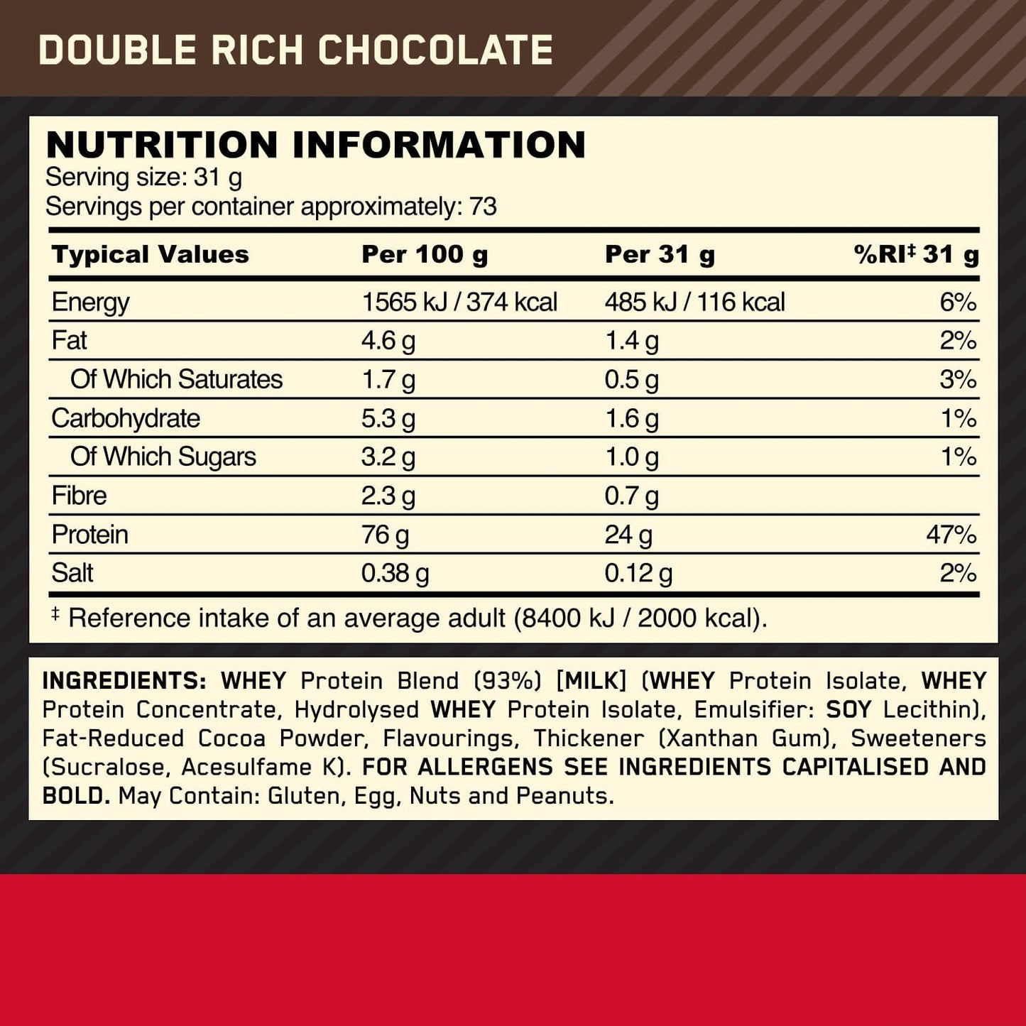 Gold Standard 100% Whey Muscle Building and Recovery Protein Powder with Naturally Occurring Glutamine and BCAA Amino Acids, Double Rich Chocolate Flavour, 73 Servings, 2.26 Kg