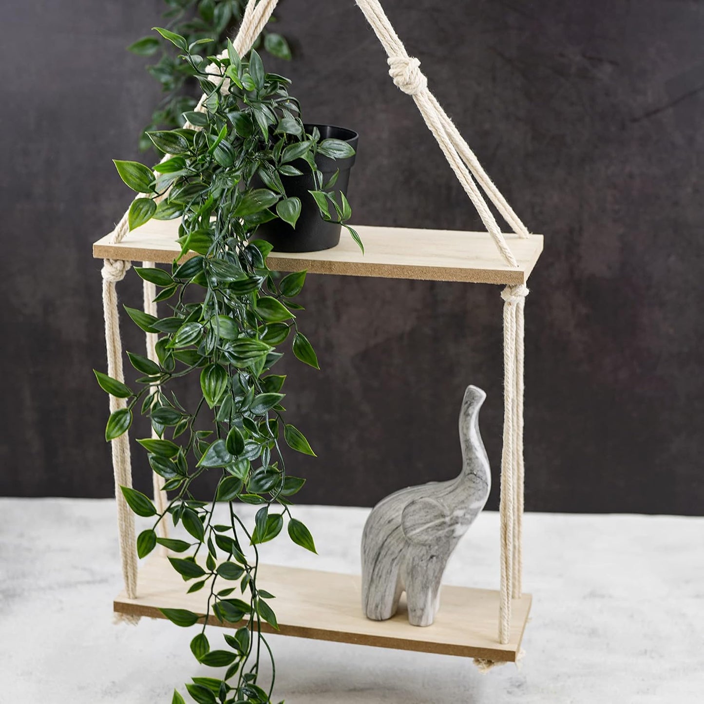 2 Tier Hanging Floating Macrame Rope Shelf Wooden Storage Kitchen Wall Boho Decor Gift (HANGING SHELF 30X10X72 Cm)