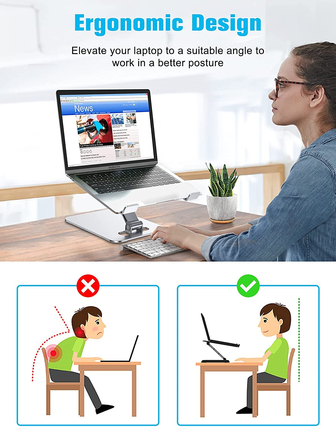 Laptop Stand Lap Desk, Ergonomic Foldable Computer Stand with Adjustable Height, Ventilated Aluminium Alloy Riser Compatible with Macbook Air, Pro, All 10-16" Laptops (Silver)