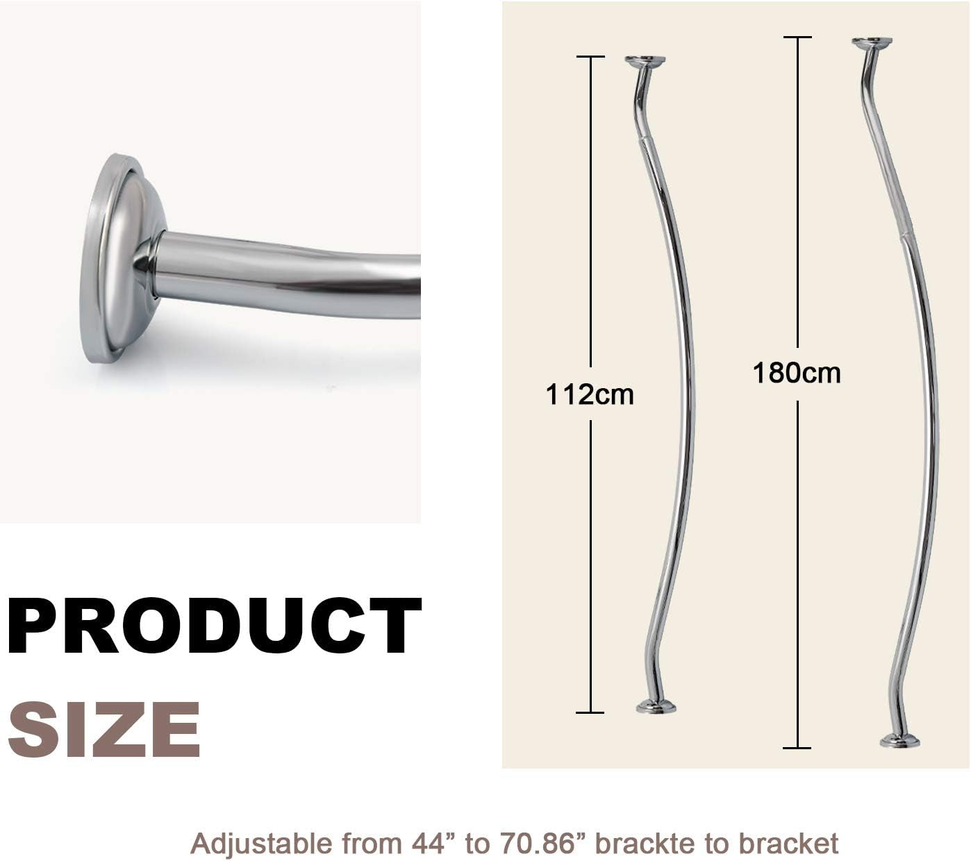 Curved Shower Rod Stainless Steel Adjustable 112-180Cm, Telescopic Shower Curtain Pole Extensible Shower Rail Including Fittings (Chrome)