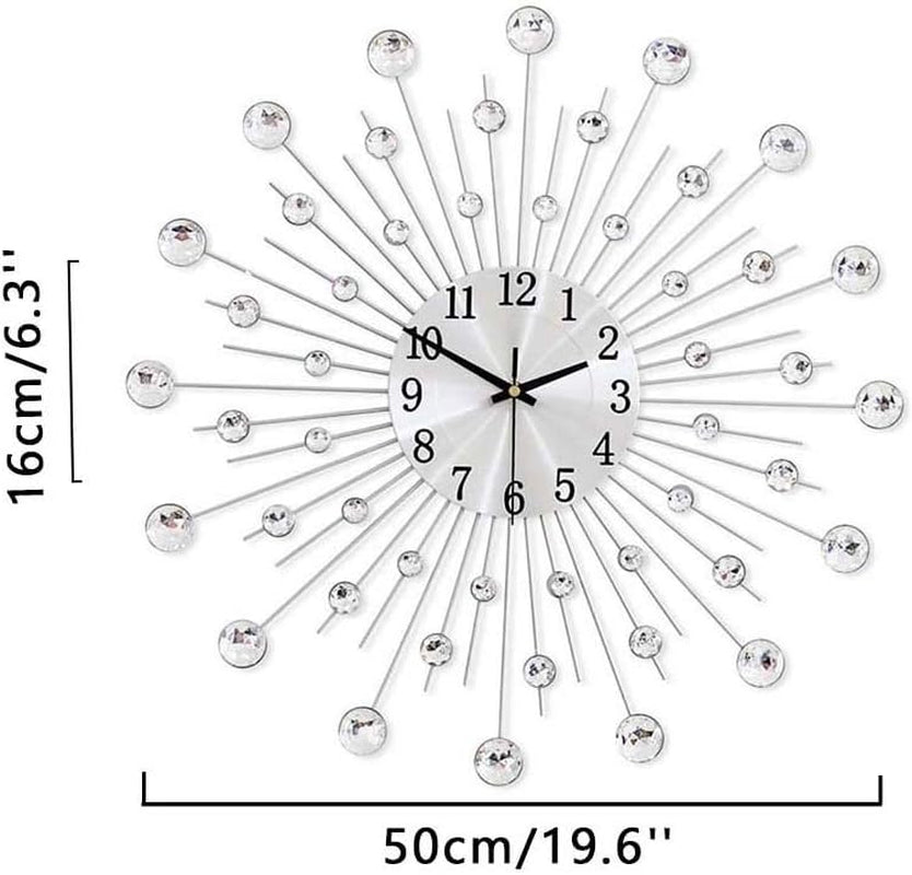 Silver Wall Clock Stylish Diamond Silent Non-Ticking Arabic Numeral Clock Very Large Wall Clocks for Living Room, Bedroom, Kitchen, Home Decor (50Cm/ 20Inch