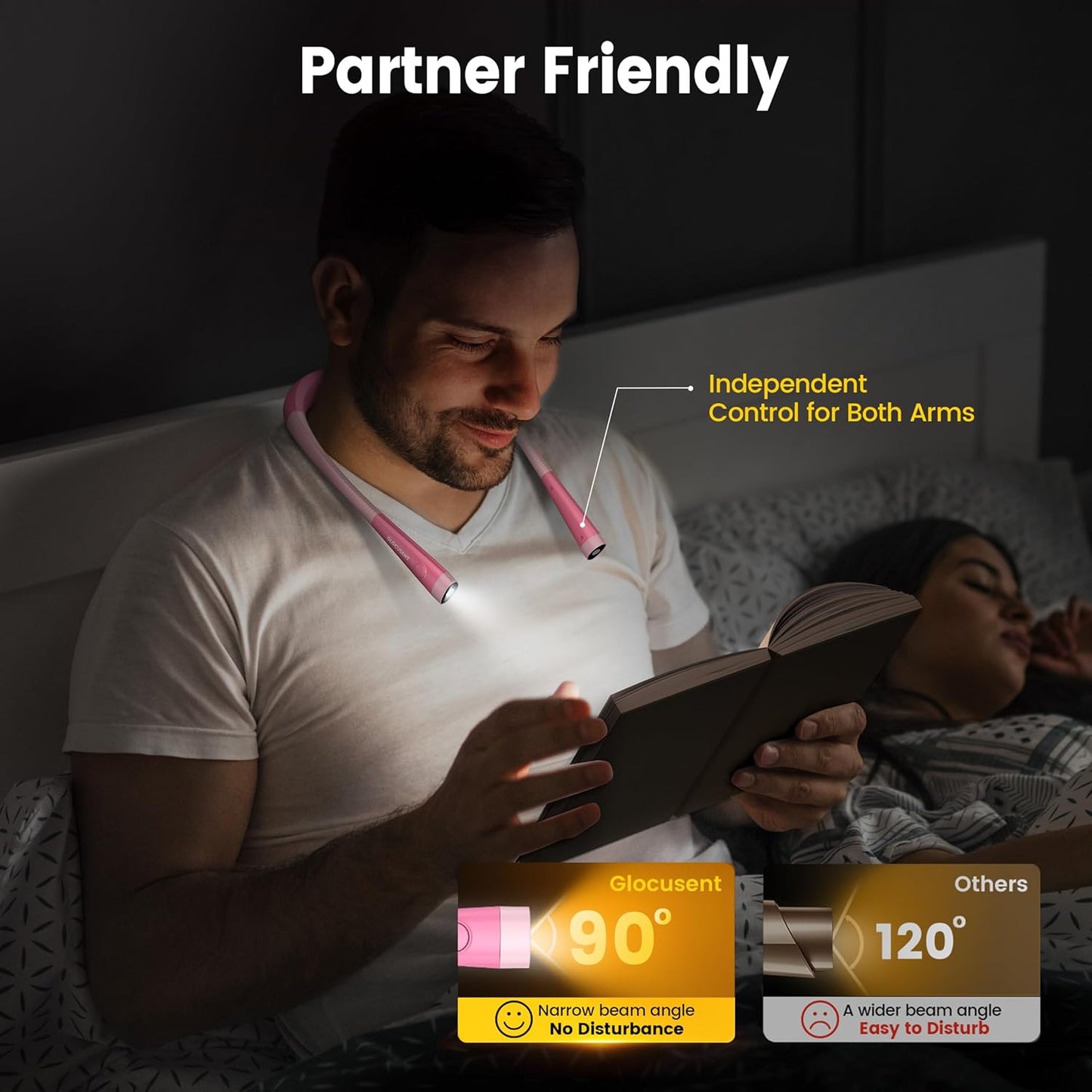 LED Neck Reading Light, Book Light for Reading in Bed, 3 Colors, 6 Brightness Levels, Bendable Arms, Rechargeable, Long Lasting, Perfect for Reading, Knitting, Camping, Repairing