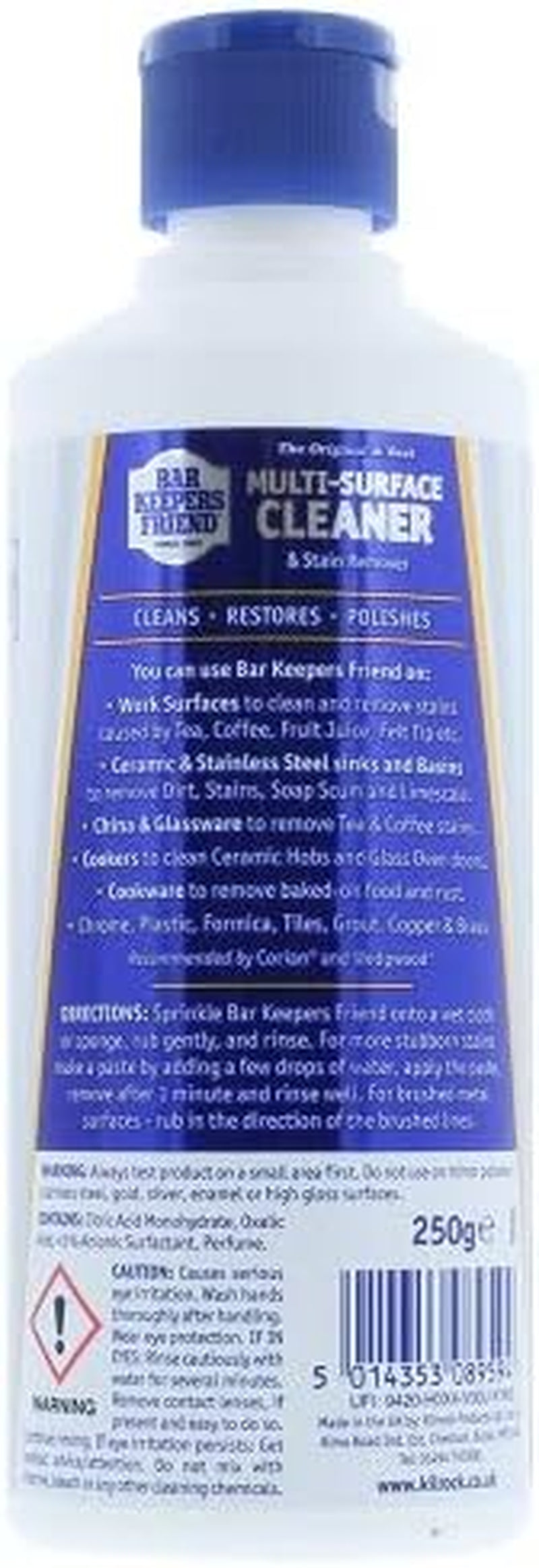 Bar Keepers Friend Original Stain Remover Powder 250G - Cleans, Restores and Polishes - Shifts Limescale and Soap Scum - Suitable for a Wide Range of Surfaces
