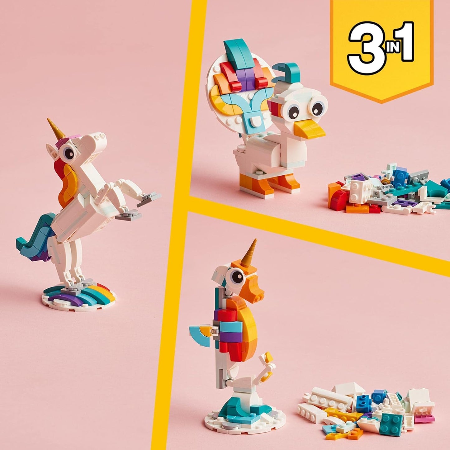 31140 Creator 3 in 1 Magical Unicorn Toy to Seahorse to Peacock, Rainbow Animal Figures, Unicorn Gift for Girls and Boys, Buildable Toys