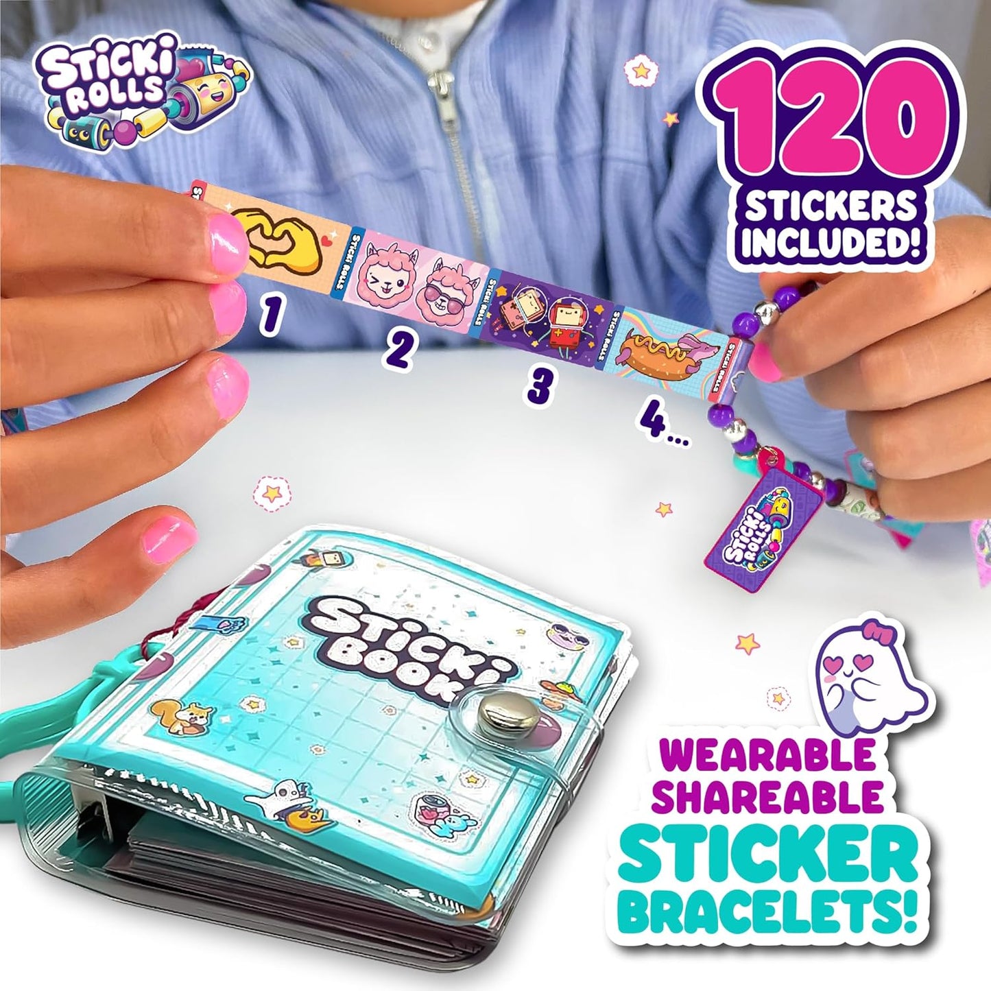 Sticki Rolls Sticki Book, Wearable & Shareable Sticker Bracelet, 120 Mini Stickers, Bracelet and Sticki Book, Assorted Colours and Styles, Packaging May Vary