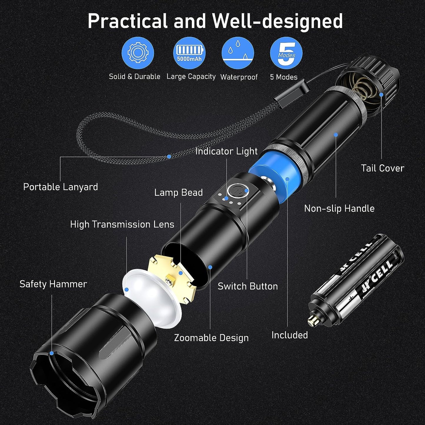 LED Torch, 500000 Lumens Super Bright Torches Led - Adjustable Focus, 5000 Mah, IP67 Waterproof, Powerful Long Lasting Handheld Flashlight for Power Cuts, Camping, Hiking, Emergency Etc.