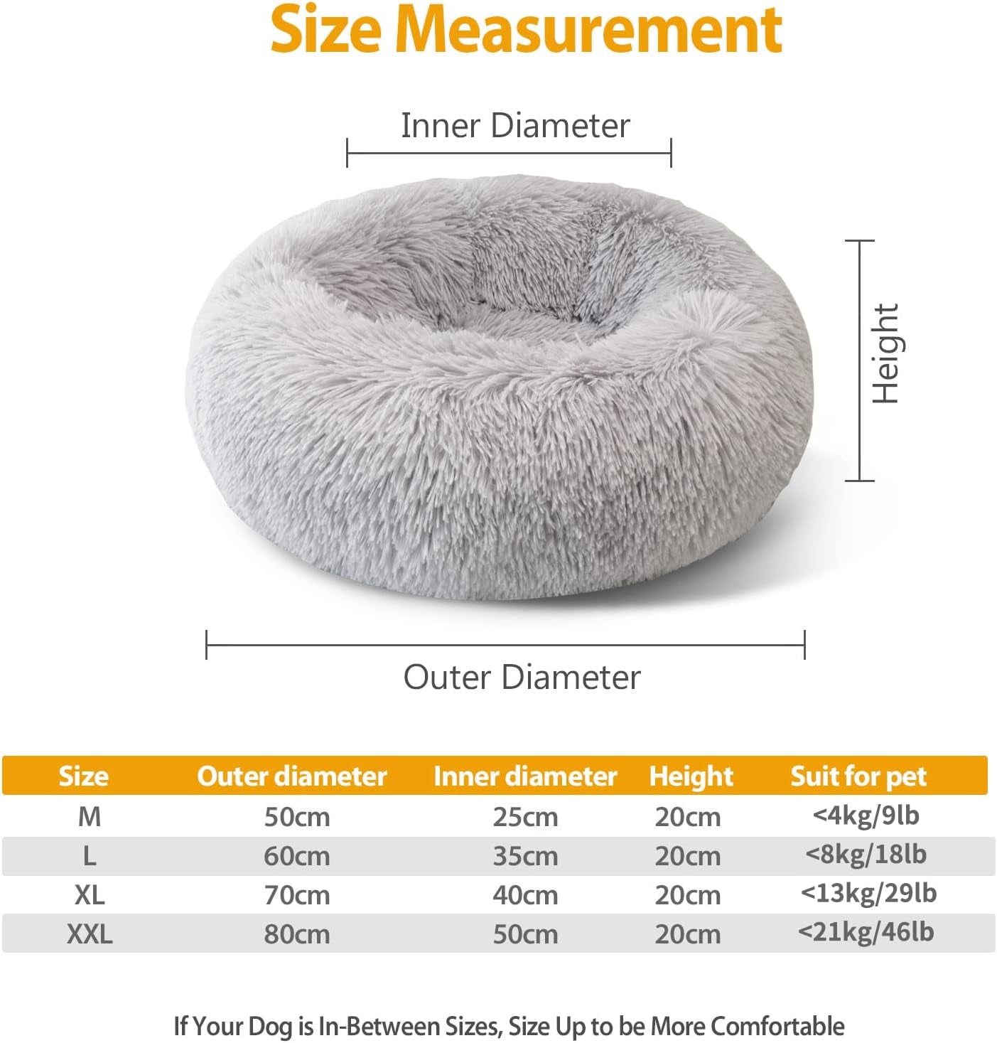 Plush Donut Dog Bed, Calming round Dog Cat Bed Soft and Fluffy Cuddler Pet Cushion Self-Warming Puppy Beds Machine Washable, Grey 50Cm