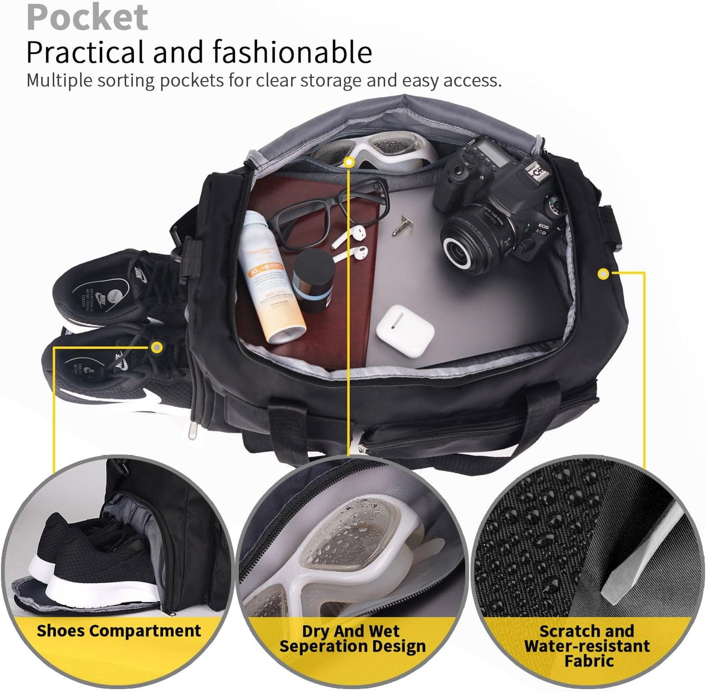 Womens Mens Sports Gym Bag Duffle Bag with Shoes Compartment, Weekend Travel Bag Overnight Bag for Women, Water Resistant Holdall Hospital Bag for Swimming Black