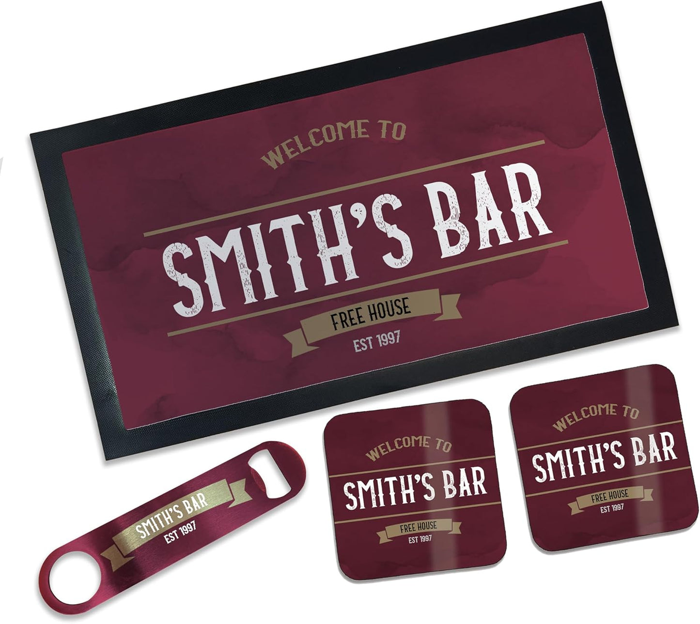 Personalised Bar Accessories for Home Pub - Bar Gift Set Custom Made Optics for Your Dads Home Bar | Choose from Bar Runners, Bottle Openers, Beer Mat Gifts