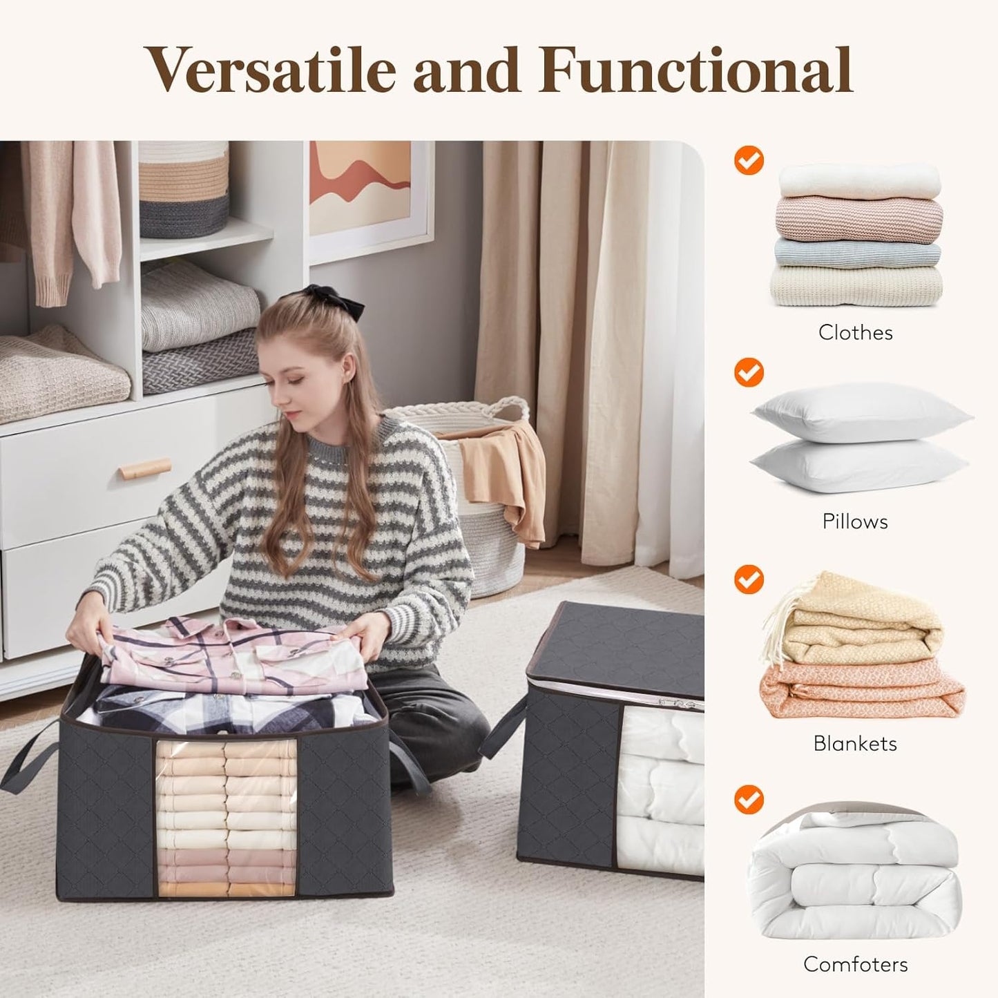 90L Clothes Storage Bags Large Storage Box with Lid Packing Boxes for Moving House with Reinforced Handle Thick Fabric Clear Window for Clothes Duvet Blankets Bedding, 3 Pack, Grey