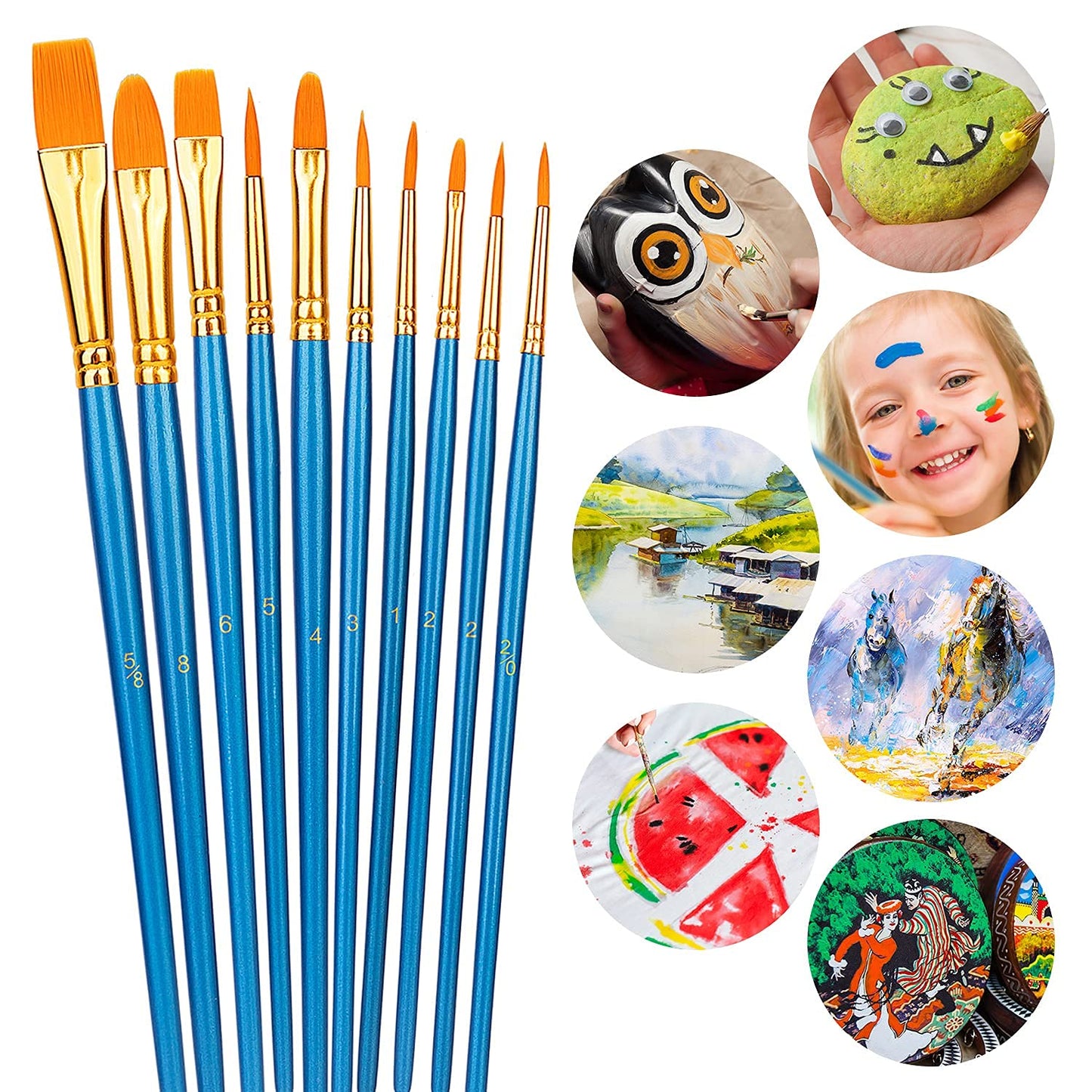Art Paint Brush Set, Different Sizes for Artists, Adults & Kids, 10 Count, Blue