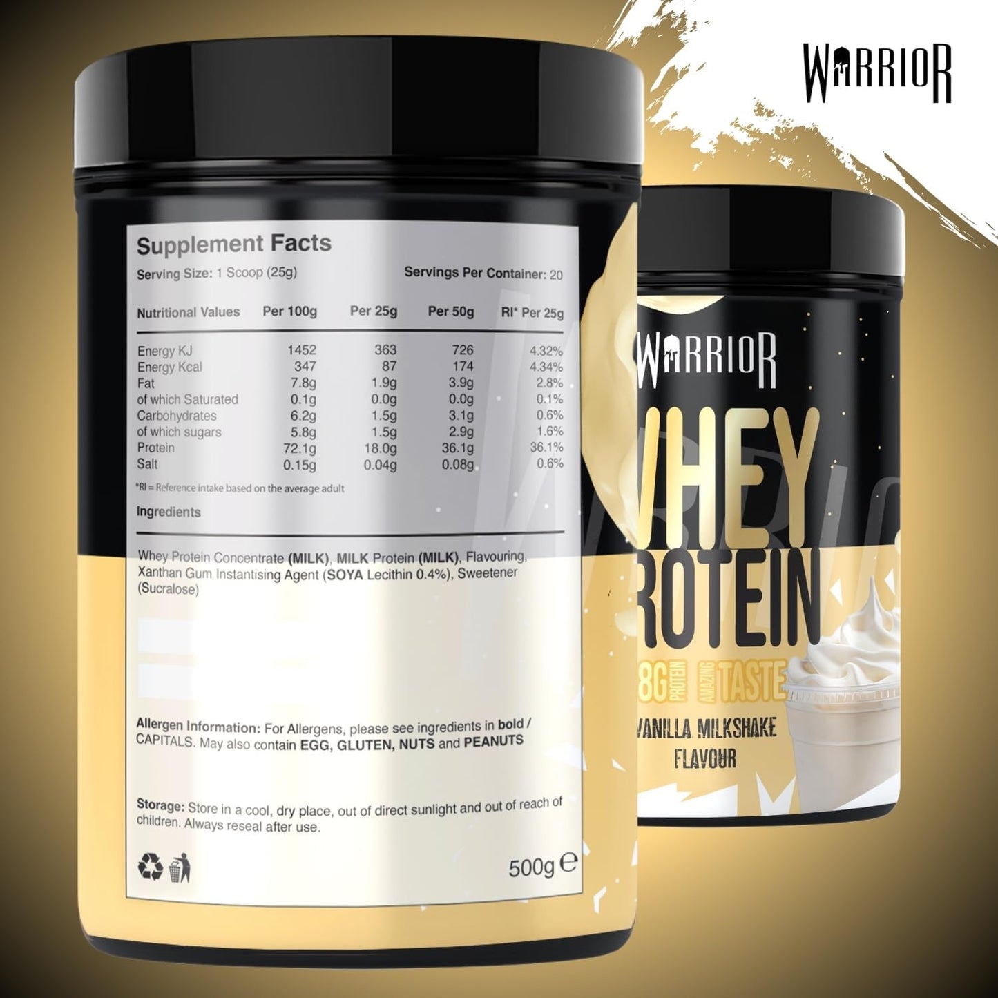 Whey Protein Powder 500G - up to 36G* Protein per Shake – Low Sugar - Muscle Growth and Recovery Drink - Amazing Taste - 20 Servings - GMP Certified (Vanilla Milkshake)