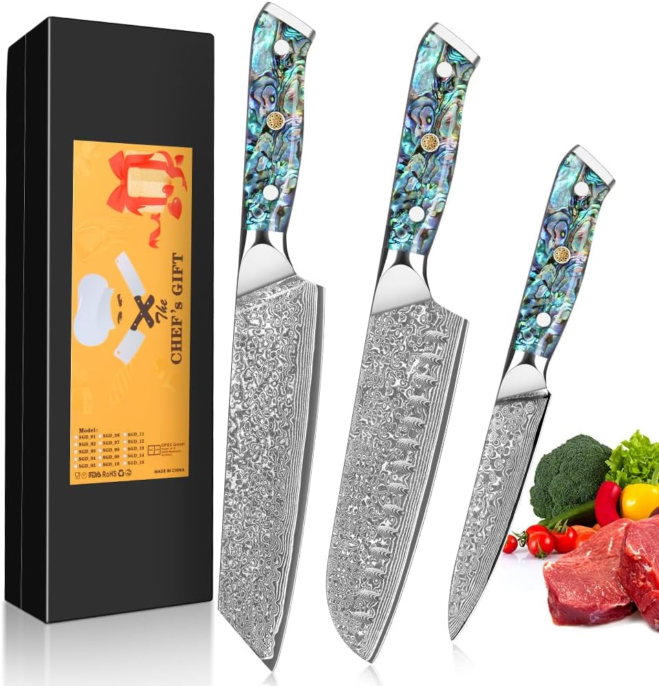 Damask Knive Set of 3, 12.4-19Cm Blade Made of 67 Layers of VG-10 Damascus Steel, Santoku Knife, Kiritsuke Knife, Universal Knife, Abalone Shell Handle, Gift Box