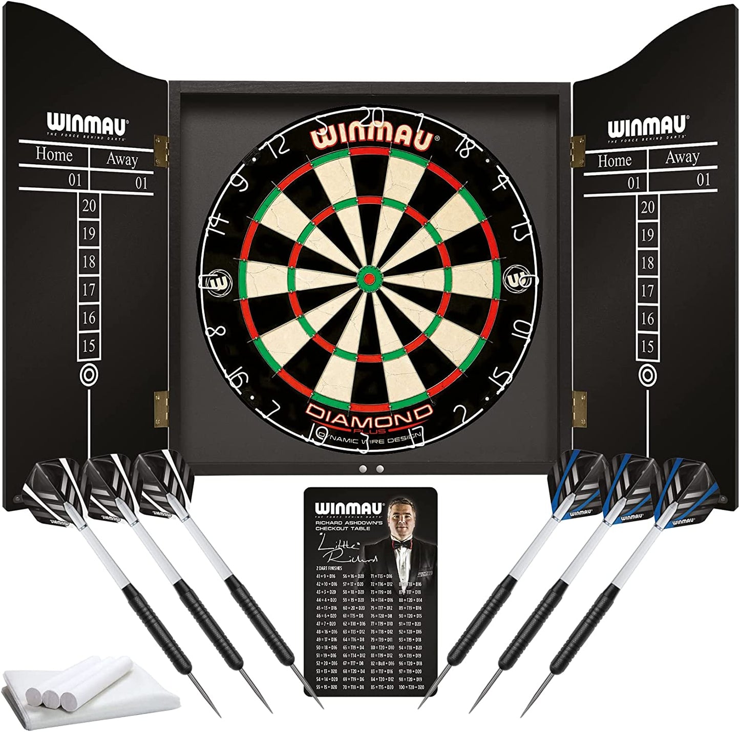 Professional Dart Set Includes Diamond plus Bristle Dartboard - Black Cabinet - 2 Sets of Darts - Official Oche Line