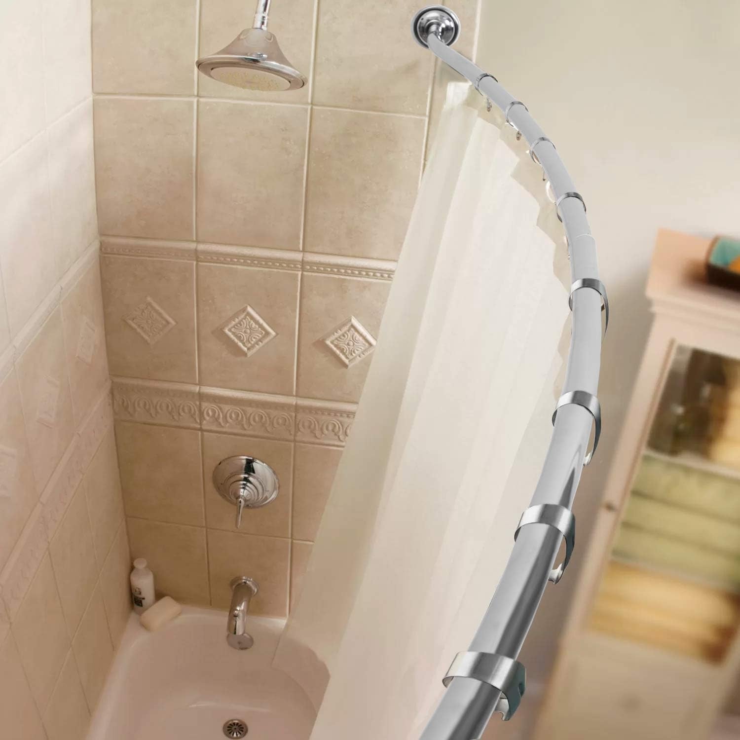 Curved Shower Rod Stainless Steel Adjustable 112-180Cm, Telescopic Shower Curtain Pole Extensible Shower Rail Including Fittings (Chrome)