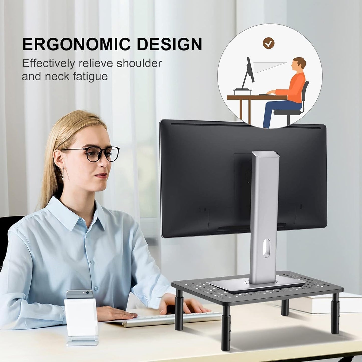 Computer Monitor Stand Riser, Metal for Laptop, Printer, Notebook and All Flat Screen TV Display with Vented Platform, 3 Height Adjustable Riser MST003