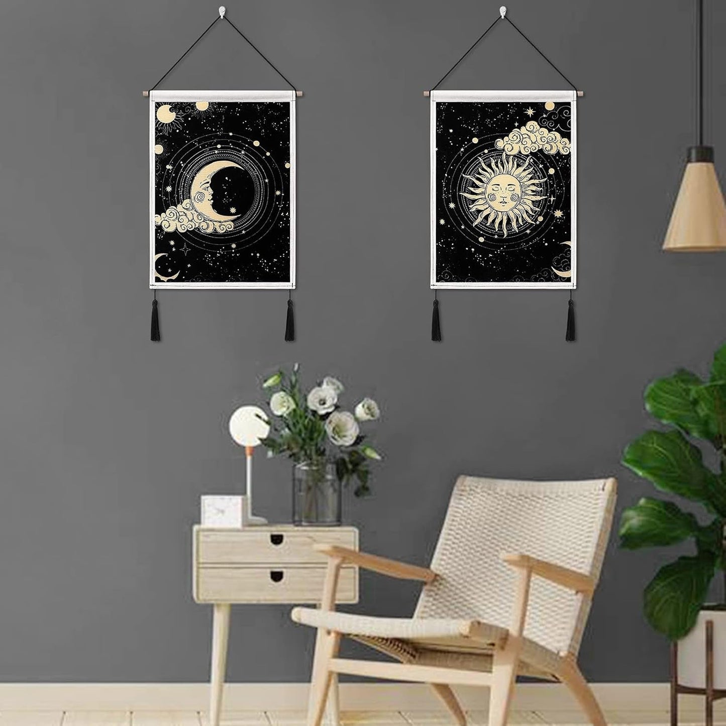 Japanese Moon and Sun Wall Tapestry with Tassels 2 Pack Black Banner Tapestry Wall Hanging Bohemian Wall Art Decor for Bedroom Aesthetic Living Room (Sun&Moon)