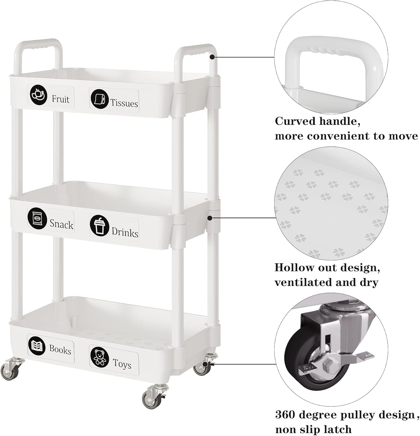 3-Tier Rolling Storage Cart with Lockable Casters, Beauty Trolly,Bathroom Trolley, Multifunctional Storage Trolley,White