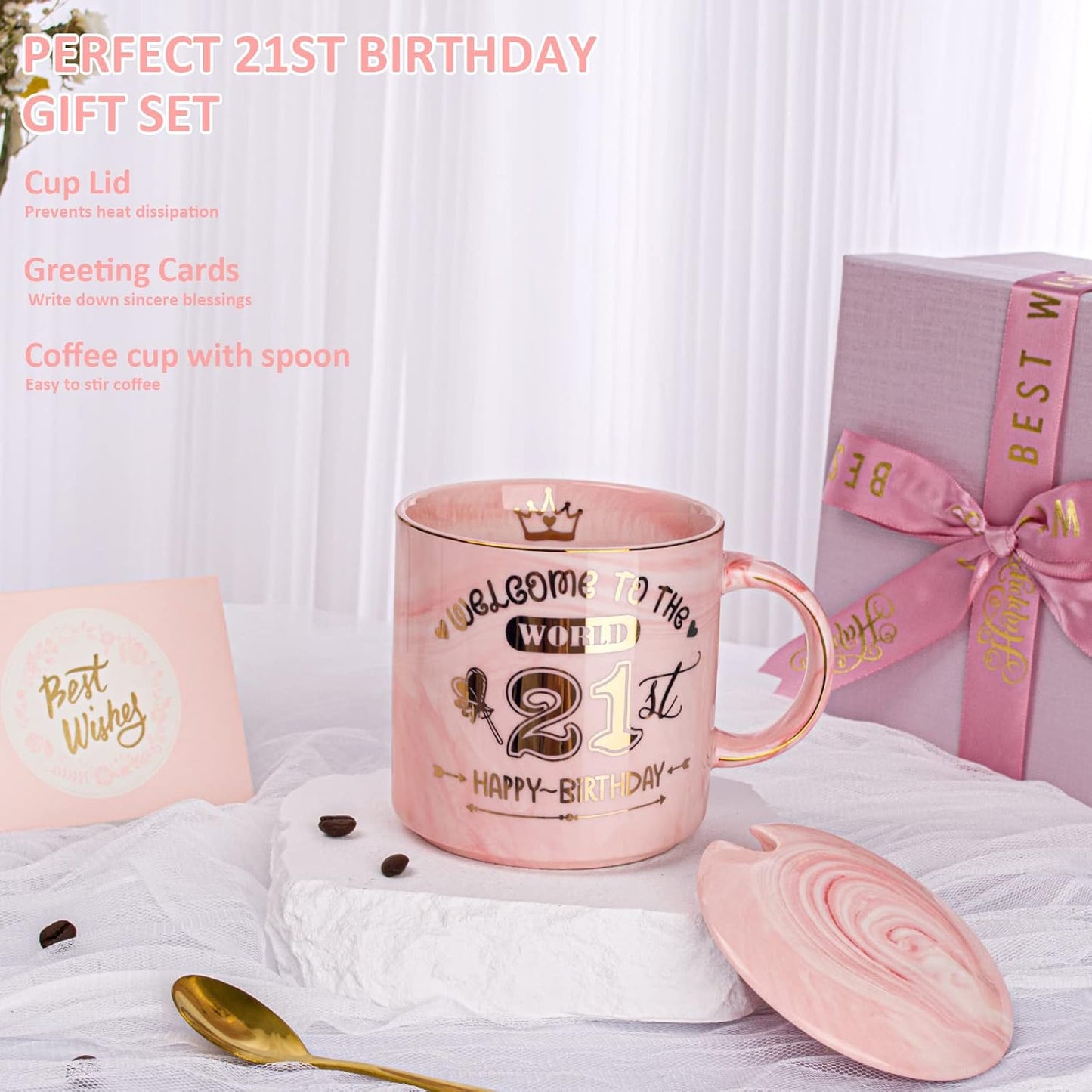 21St Birthday Gifts for Her Keepsake, 14Oz Lovely Pink Marble Ceramic Cup Printed with Gold, Lid, Spoon, Greeting Card, Happy 21St Bday Mug Present for Daughter, Girl, Sister, Niece, Gift Boxed