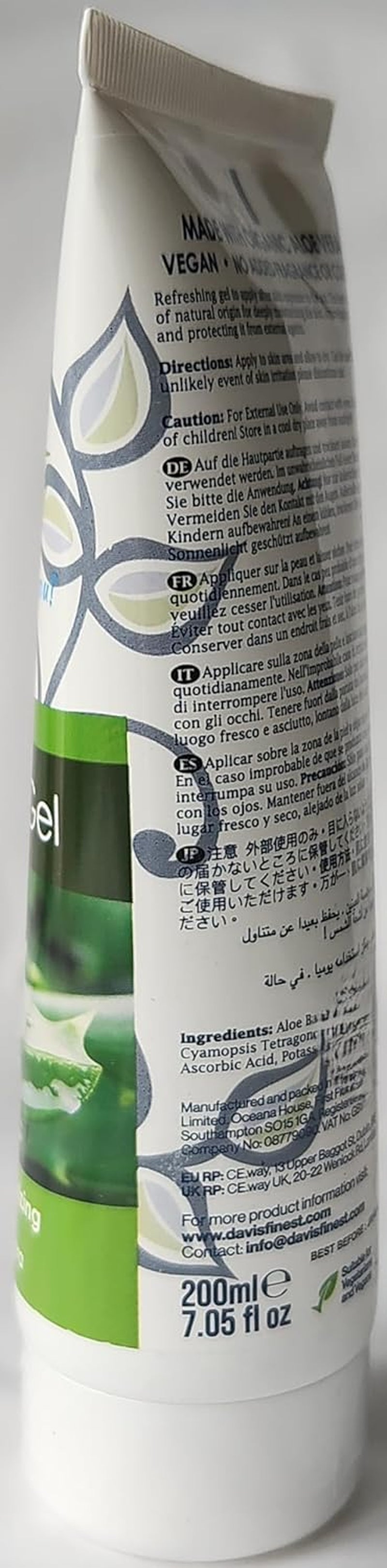 98% Organic Pure Aloe Vera Gel 200Ml, Face, Dry Skin, Hair, Natural, Moisturiser, After-Sun, Calming, Soothing, Vegan