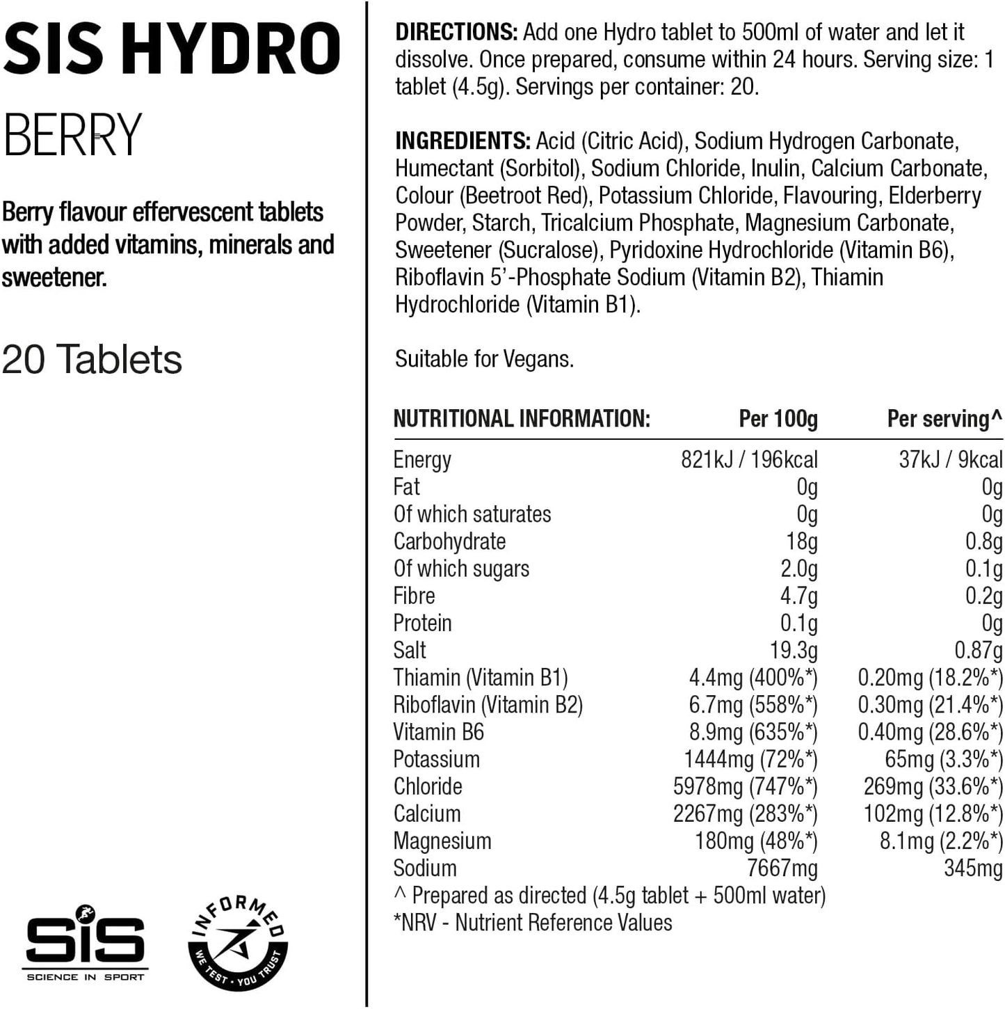 Hydro Hydration Tablets, Gluten-Free, Zero Sugar, Berry Flavour plus Electrolytes, 20 Effervescent Tablets