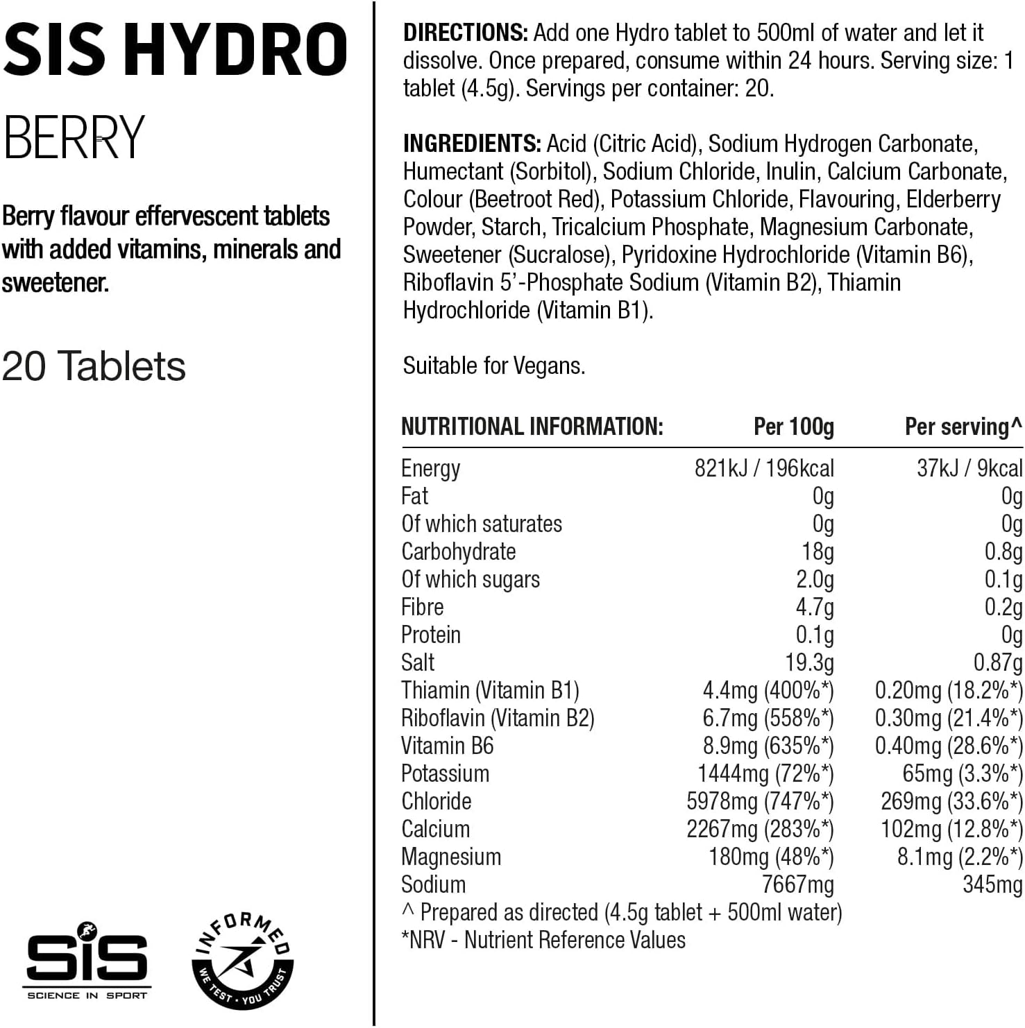 Hydro Hydration Tablets, Gluten-Free, Zero Sugar, Berry Flavour plus Electrolytes, 20 Effervescent Tablets