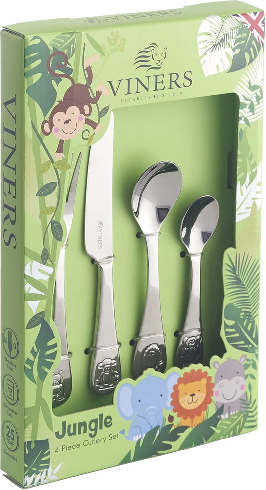 Jungle Kids Cutlery Set | Children’S Mirror Polished Flatware Gift Box with 25 Year Guarantee | for Ages 1-5 | 18/0 Stainless Steel, 4 Piece