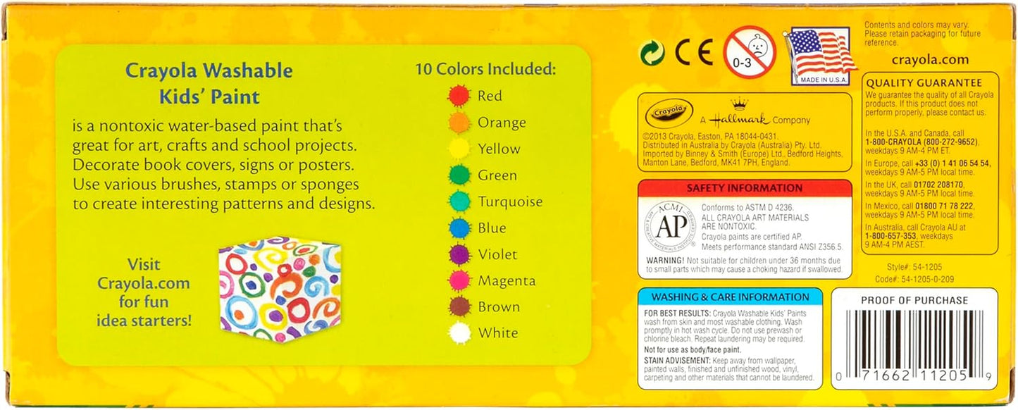 Washable Paints - Assorted Colours (Pack of 10) | Perfect for Any Arts & Crafts Needs - Easily Washable | Ideal for Kids Aged 3+ (Packaging May Vary)