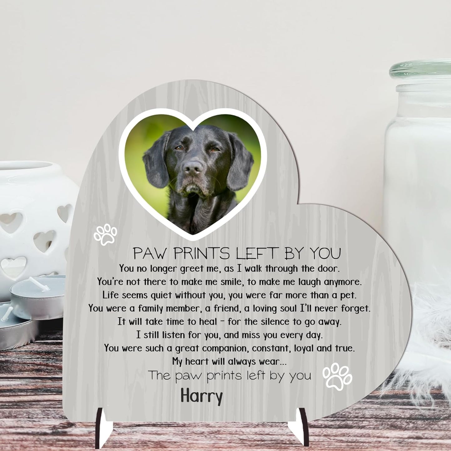 Personalised Pet Bereavement Plaque with Stands - Handcrafted Photo Memorial Decor from MDF Wood, Customisable Design, Mdf Wood Heart on Stands Uk-Made (Mdf Wood 13.5Cm X 13.5Cm, Grey Wood Effect)