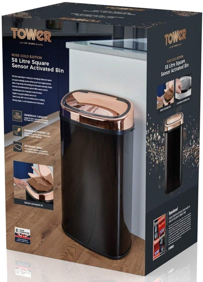 T80904RB Kitchen Bin with Sensor Lid, Automatic Soft-Close, Manual Override, 58 Litre, Black and Rose Gold